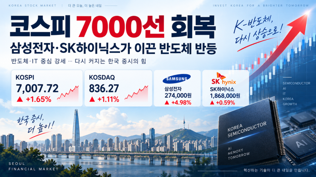 코스피 7000선 회복 삼성전자 SK하이닉스 반도체주 상승
