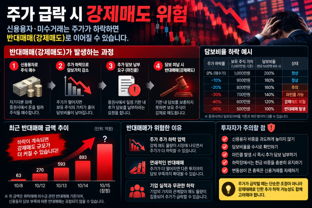 주가 급락에 따른 신용융자 담보비율 하락과 반대매매 발생 과정, 개인투자자의 강제매도 위험을 설명하는 인포그래픽