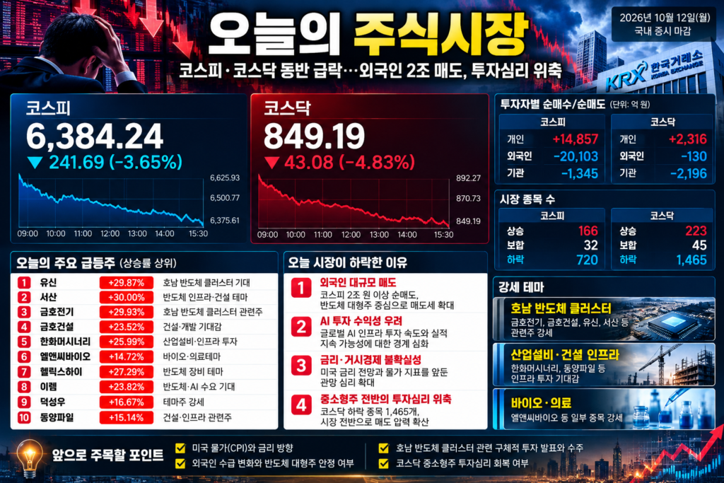 2026년 10월 12일 국내 주식시장 급락 현황. 코스피 6,384.24(-3.65%), 코스닥 849.19(-4.83%) 마감. 외국인 대규모 순매도와 투자심리 위축 속 호남 반도체 클러스터 관련주 강세 및 주요 시장 지표를 정리한 인포그래픽.
